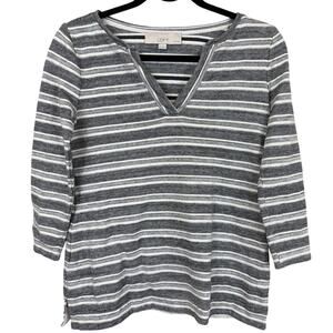 Ann Taylor Loft Black and White Striped V-Neck 3/4 Sleeve Top XSP